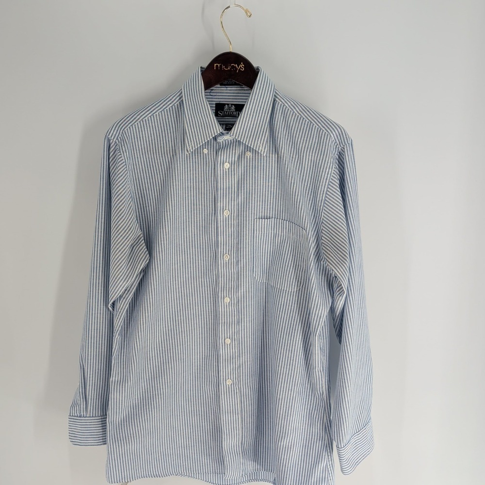 Vintage Stafford Athletic Fit Striped Button Down Dress Shirt Blue White Size 34